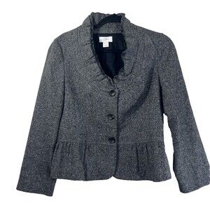 Ann Taylor Loft Black Textured Ruffle Women's Wool Silk Blend Blazer size 6